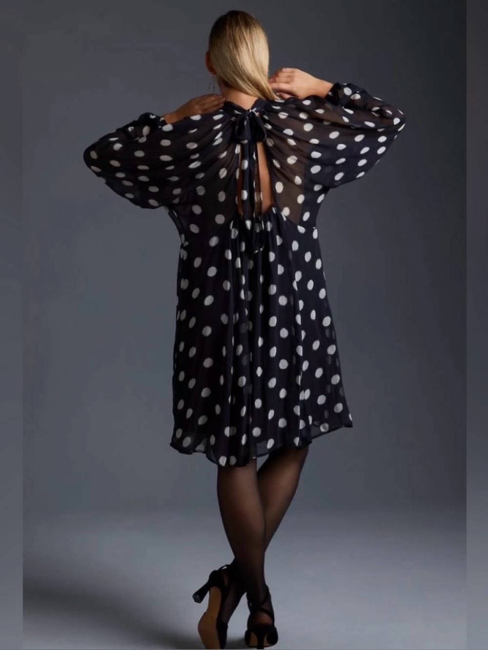 Maeve by Anthropologie Black White Knee Length Polka Dot Bow Tie Up Dress (XS) - Picture 7 of 7